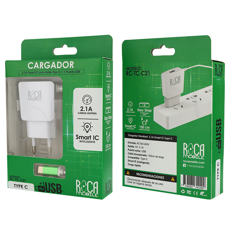 Cargador Inteligente ROCA 2.1A | 1 USB | Tipo C
